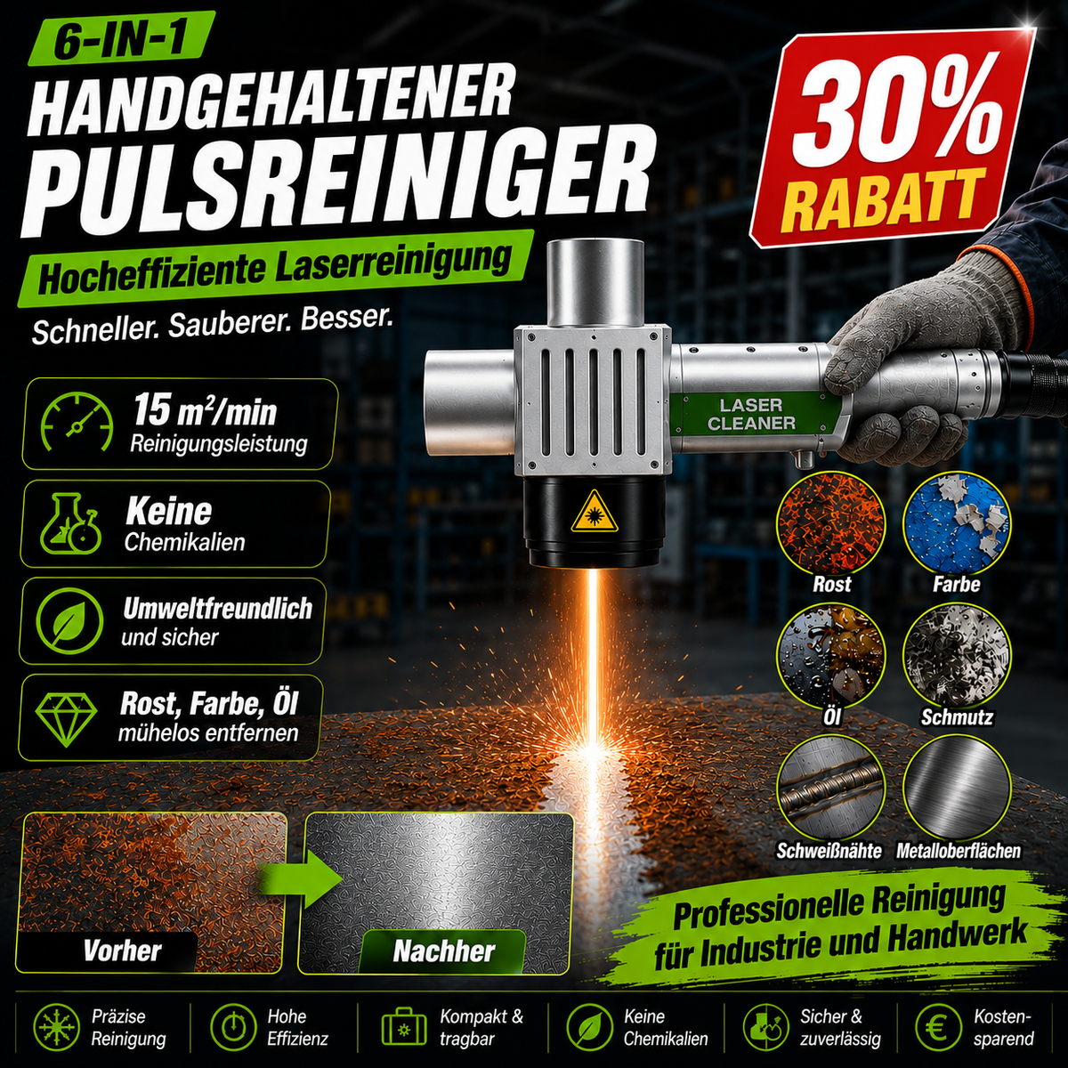 FWH50-P30A Handheld Puls-Laserreinigungskopf | 11 Reinigungsmodi