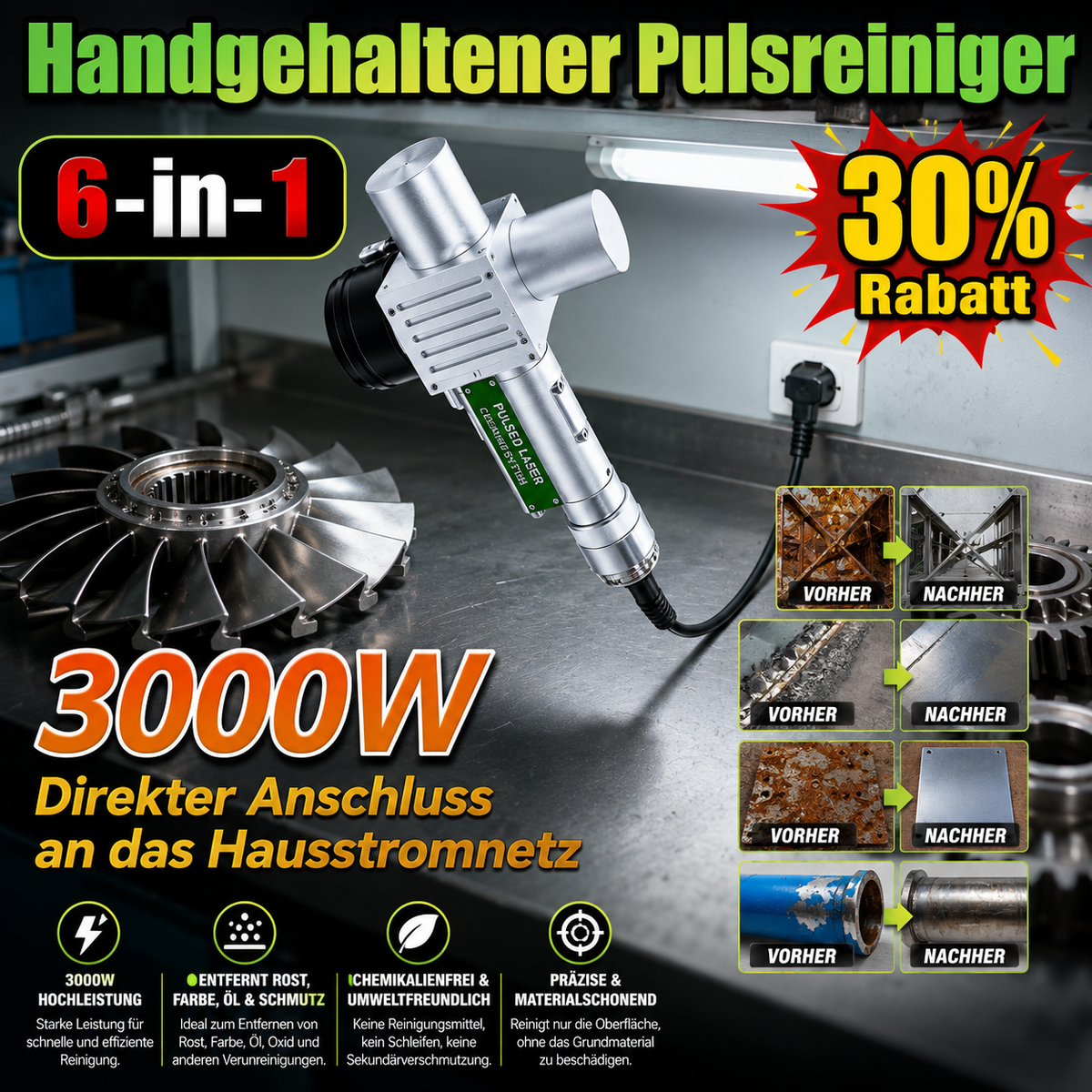FWH50-P30A Handheld Puls-Laserreinigungskopf | 11 Reinigungsmodi